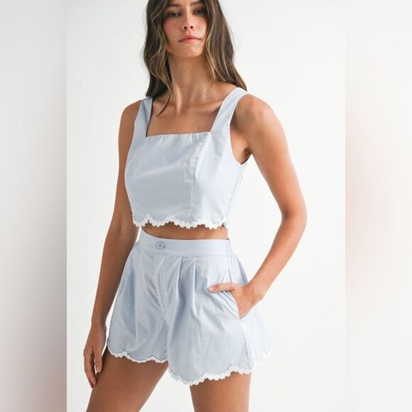 Light Blue Two-Piece Set with Lace Trim - Picture 1 of 16